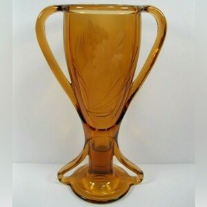 Fostoria glass Tut Vase Amber with cut edged Daisy two Handled 1920's-1930's